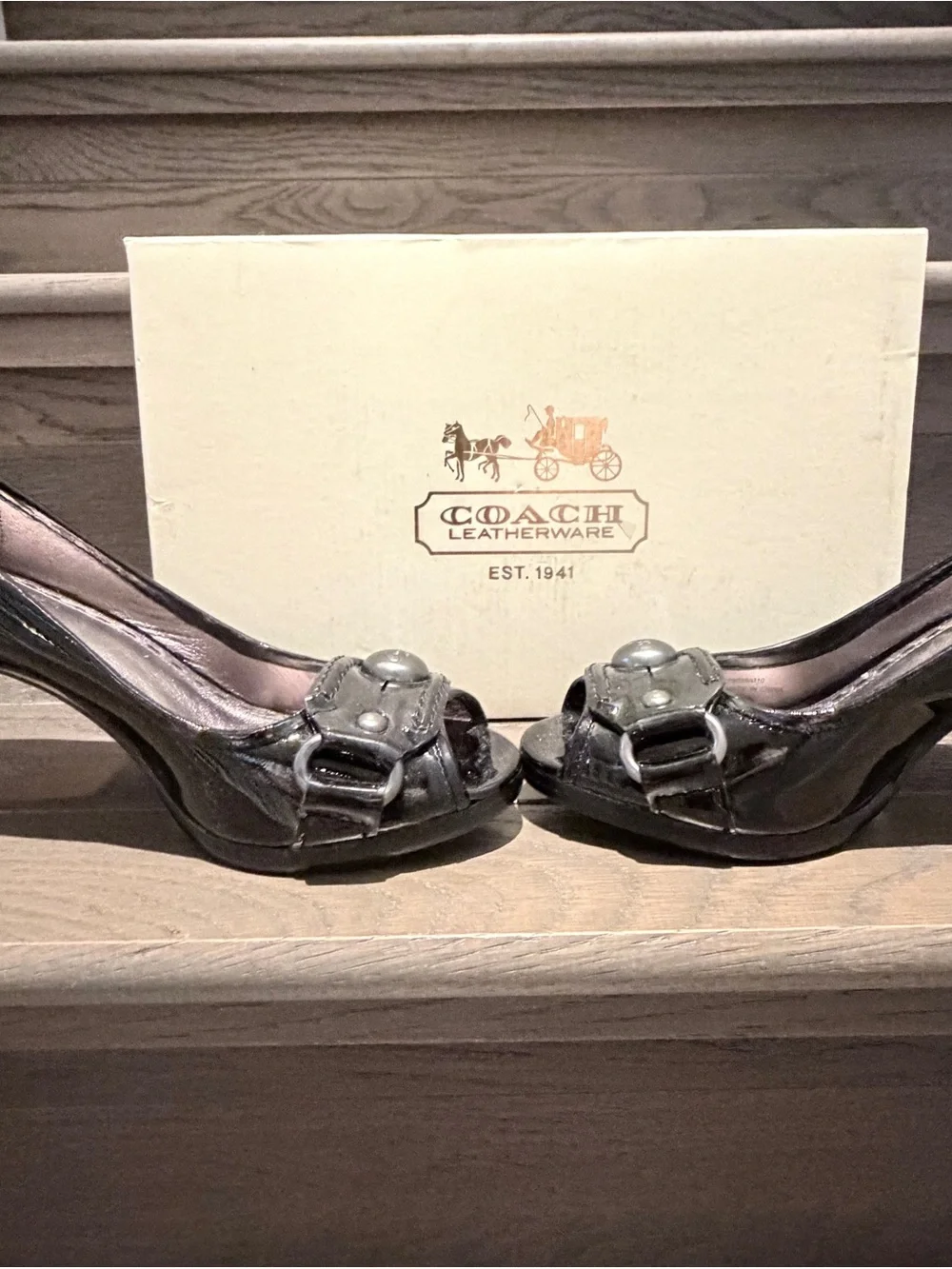 Coach Black Patent Peep-Toe Heels with Logo Button Detail